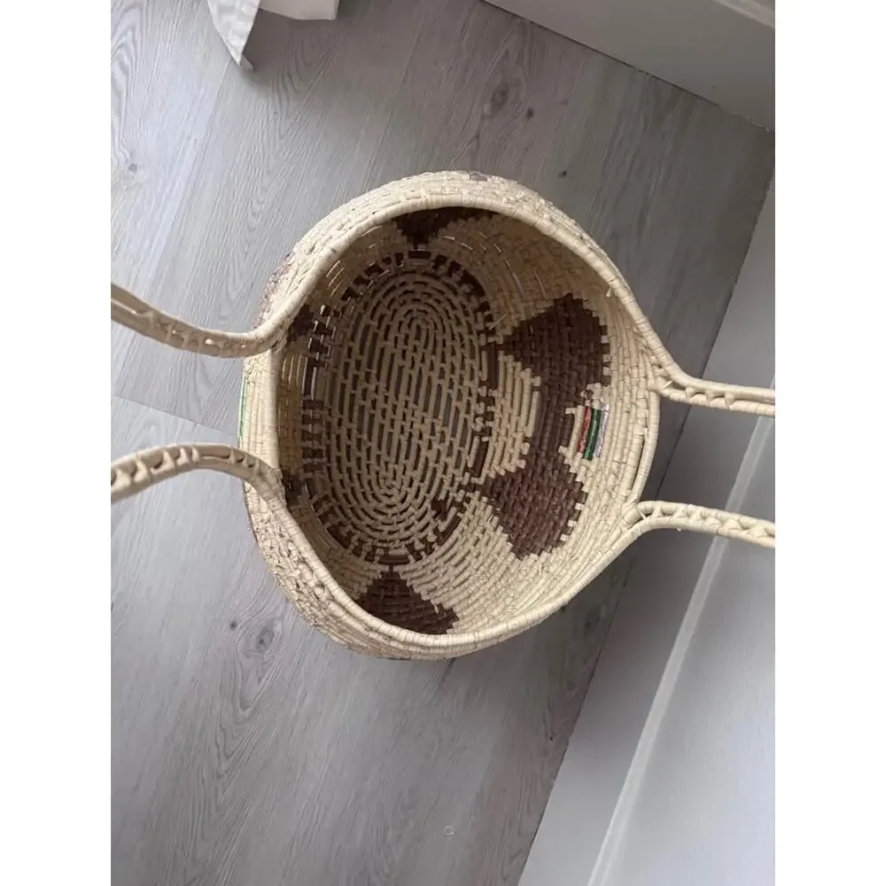 Vintage Handwoven Straw Raffia Tribal Large Basket with Handles
